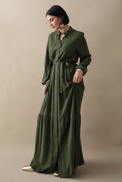 InStyle Viscose Khaki Dress with Punt on the Front