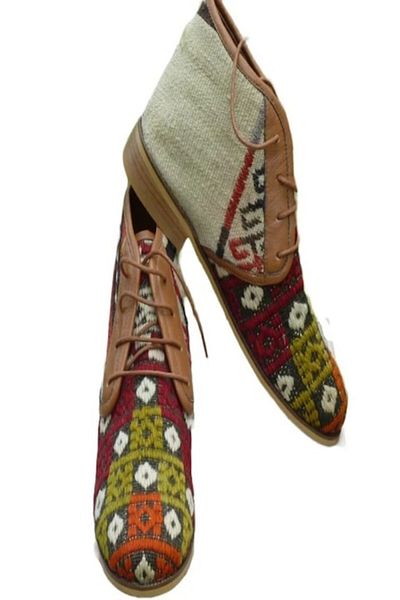 Anatolia Men's Boots Lord, leather and textile, handmade stitched and embroidered, Multicolor Brown, 40