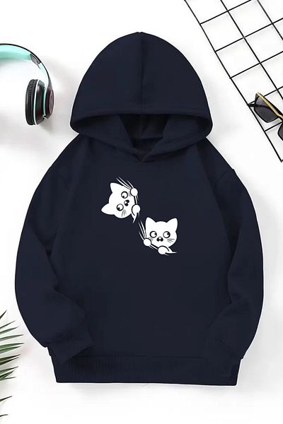 VBSVİBES Unisex Navy Blue Children's Hooded Sweatshirt – Curious Paws, Printed Thick Fabric