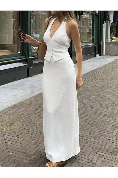 La Saade Élégance Blanche Set-White V-Neck Buttoned Blouse and Skirt Suit Set