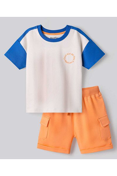 Bonfino 100% Cotton Colour Block Drop Shoulder Half Sleeve T-Shirt & Shorts Set-Blue/White/Peach
