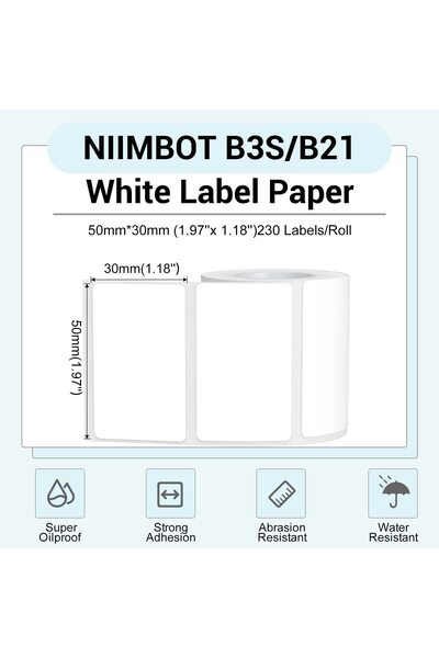 NiiMbot Thermal Label Paper 50×30mm, 230 Labels/Roll, White, for B1 B21 B31 B3S K3 Label Makers