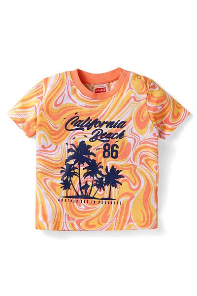 Babyhug Single Jersey T-Shirt and Shorts Set with Beach Theme Text Print - Peach