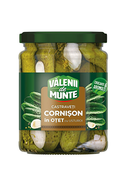 Valenii De Castraveti cornison in otet cu usturoi Valenii de Munte 500g