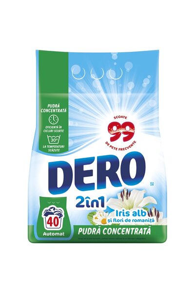 Dero Detergent de rufe pudra 2in1 Iris Alb, 40 spalari, 3 kg