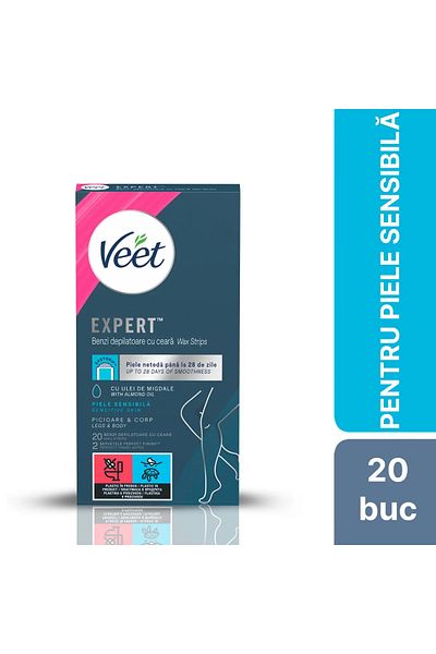 Veet Expert depilatory wax strips for legs and body, for sensitive skin, 20 pieces