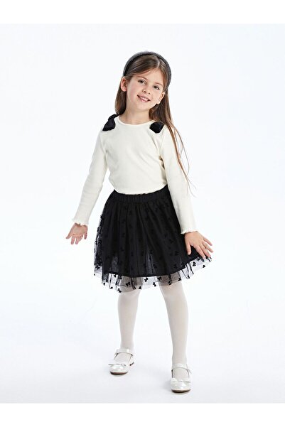 LC Waikiki Ecru Crew Neck Ribbon Detailed Girl's Blouse