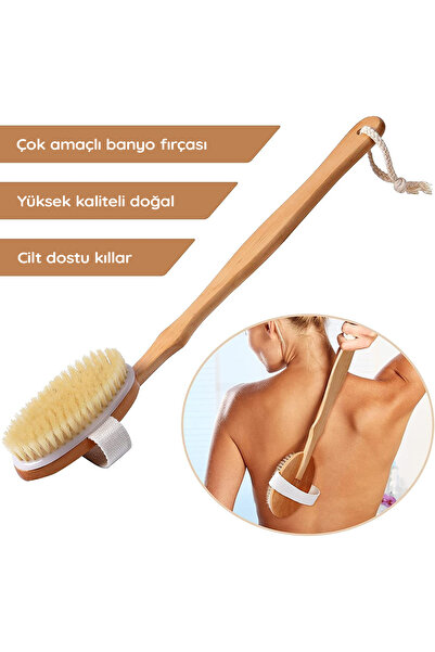 MEZİGARC Doğal At Kılı Fırça Banyo Sırt Kesesi Uzun Sökülebilir Saplı Yumuşak Fırçalı Doğal Kese Ahşap Saplı