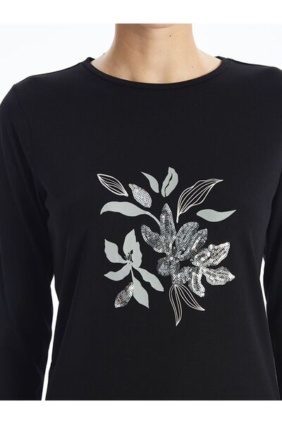 LC Waikiki Black Crew Neck Printed Long Sleeve Women's T-Shirt