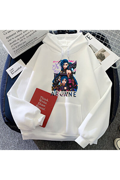 Tarzsokak Beyaz Jinx Arcane Hoodies Hooded Long Sleeve Wo Female Casual Game Gr