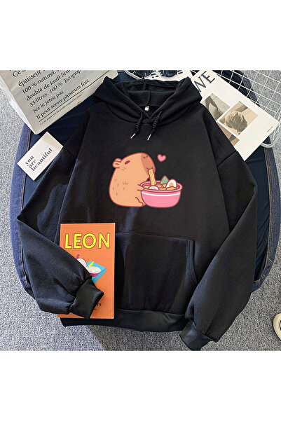 Tarzsokak Μαύρο χαριτωμένο Καπιμπάρα που τρώει Ra Hoodies Kawaii γραφικά καρτούν