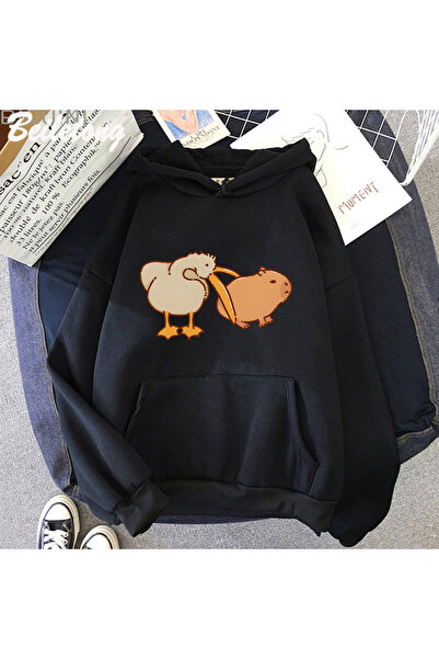 Tarzsokak Черна забавна качулка с пеликан и капибара Kawaii Пролет-есен Унисе...