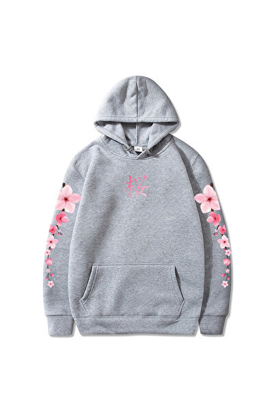 Tarzsokak Hanorac cu glugă cu grafică cu flori japoneze gri Sakura, confortab...