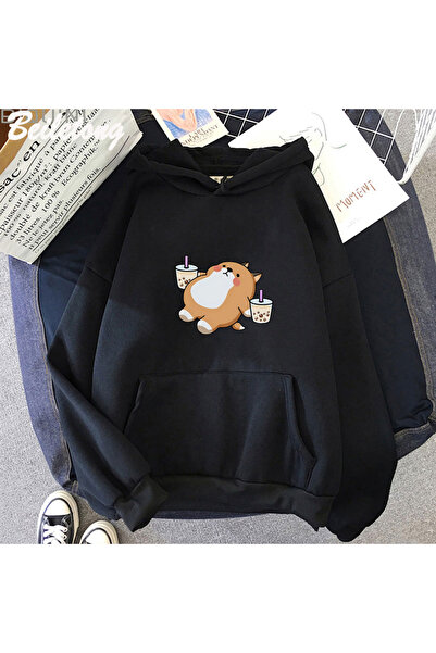 Tarzsokak Hanorac negru cu ceai Boba, drăguț, cu câine, hanorac supradimensio...