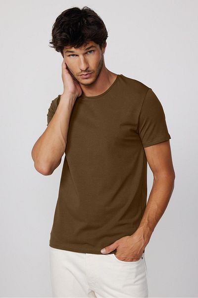 Tudors Tricou pentru bărbați, slim fit, din bumbac, cu textura moale, țesătură elastică din lycra, maro, cu gâtul rotund