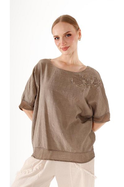 shE tekstil Shoulder Sequined Floral Linen Blouse