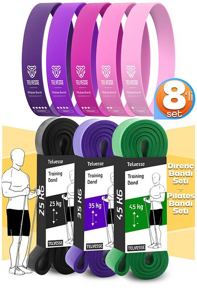 Telvesse 8-Piece Giga Set 25+35+45 kg + 5-Piece Pilates Resistance Band Diaphragm Rubber Loop Band Pink Tone