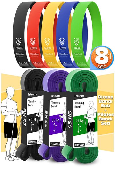 Telvesse 8-Piece Giga Set 25+35+45 kg + 5-Piece Pilates Resistance Band Diaphragm Rubber Loop Band Mix Tone