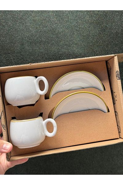 CeM Porselen 2-Person Oil Green Striped Chubby Model Coffee Cup Set