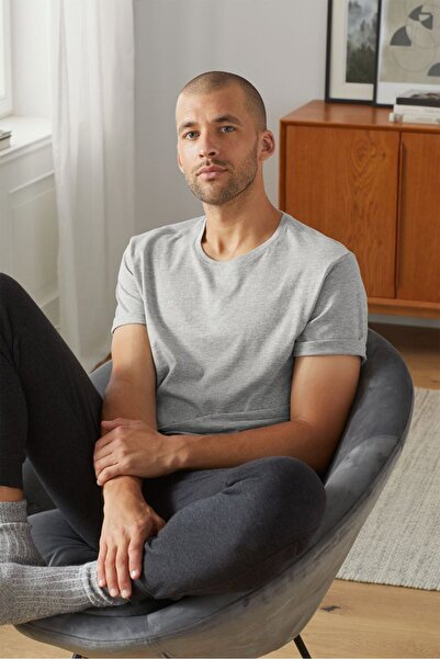 Tchibo تي شيرت رجالي من قطعتين برقبة دائرية وأكمام قصيرة، رمادي