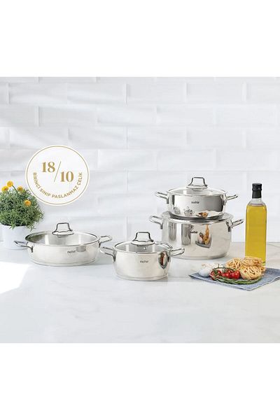 FARALYAHOME Nehir Silver Classic 8 Piece Steel Pot Set Silver Classic Vertical Model with 5 Years Warranty