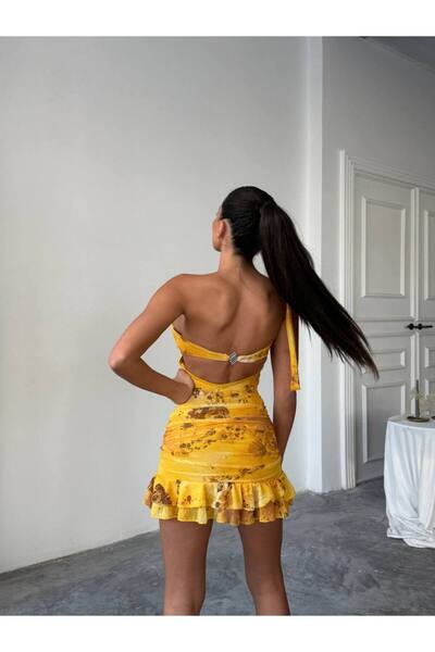 Miss Gül Detaylı Simli Dijital Baskılı Mini Elbise