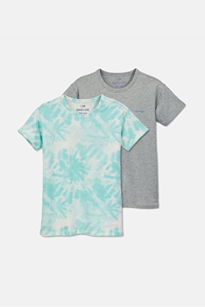 Tchibo Kids Boy 2 Pcs Crew Neck Short Sleeve Tie Dye and Heather T-shirt, Grey and Turquoise