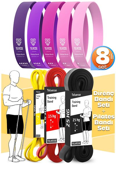 Telvesse 8-Piece Giga Set 5+15+25 kg + 5-Piece Pilates Resistance Band Dangle Rubber Loop Band Pink Tone