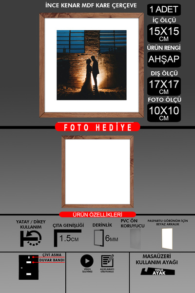 yhfoto 1 Adet 15x15 Çerçeve - İnce Çıtalı Çerçeve - Ahşap Çerçeve - Kare Çerç...