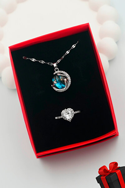 TREND COLLECTİON Kadın Paslanmaz Çelik Gümüş Gökyüzü Kolye Ve Trend Kalp Yüzük Set (kutulu)