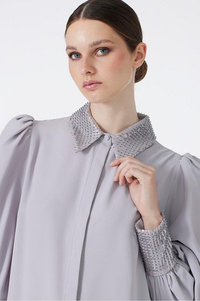 Zühre Stone Detailed Balloon Sleeve Gray Tunic T-1452
