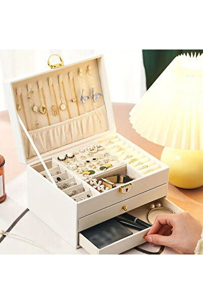 Büyük Hanım صندوق مجوهرات أبيض من الجلد الصناعي مع درج مزدوج ومفتاح