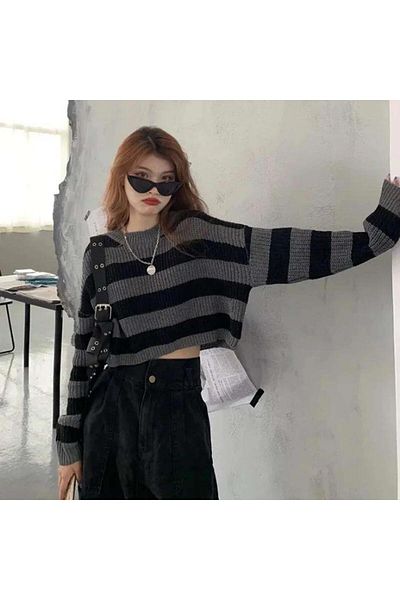 Fox Life Kids Striped Thessaloniki Knitted Crop Sweater Women's Sweater Flt5001