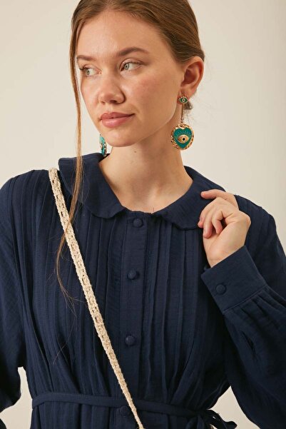 ZÜLAYS Bebe Yaka Nervürlü Müslin Elbise Lacivert