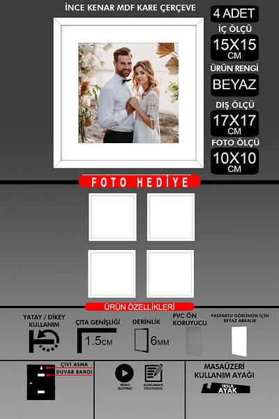 bymat 4 Pieces 15X15 Frame - Thin Slatted Frame - White Frame - Square Frame - Photo Frame