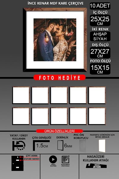 Bytwo 10Pcs 25X25 Frame - Thin Slatted Frame - 2 Colors Wood Black - Square Frame Photo Frame