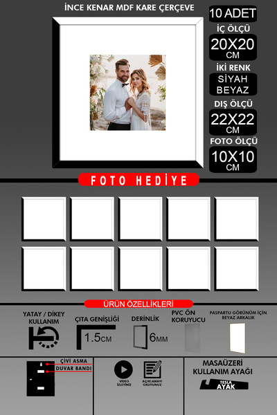Bytwo 10Pcs 20X20 Frame - Thin Slatted Frame - 2 Colors Black White - Square Frame Photo Frame