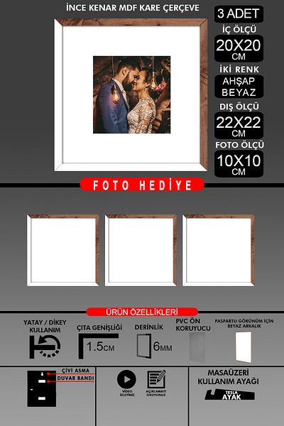 Bytwo 3 Pieces 20X20 Frame - Thin Slatted Frame - 2 Colors White Wood - Square Frame Photo Frame