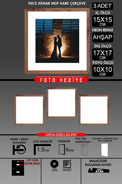 bymat 3 Pieces 15X15 Frame - Thin Slatted Frame - Wooden Frame - Square Frame - Photo Frame