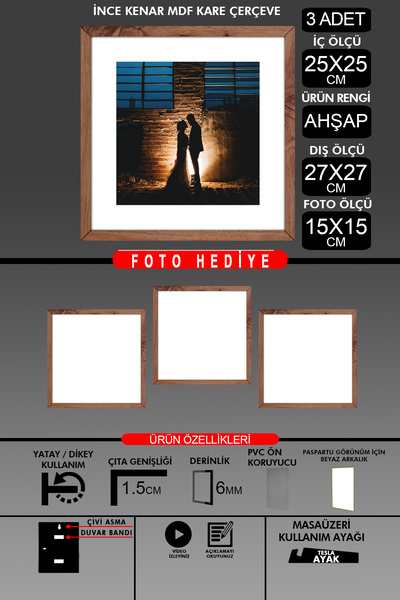 yhfoto 3 Pieces 25X25 Frame - Thin Slatted Frame - Wooden Frame - Square Frame - Photo Frame