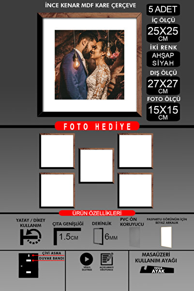 yhfoto 5 komada okvira 25x25 - tanki letvičasti okvir - 2 boje drvo crna - kv...
