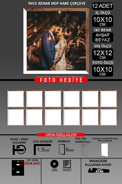 Bytwo 12Pcs 10X10 Frame - Fine Slatted Frame - 2 Colors White Wood- Square Frame Photo Frame