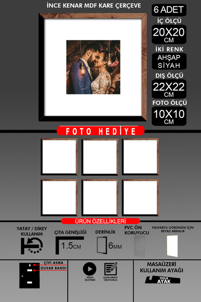 yhfoto 6 Pieces 20X20 Frame - Thin Slatted Frame - 2 Colors Wood Black - Square Frame Photo Frame
