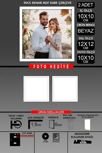 Bytwo 2Pcs 10X10 Frame - Fine Slatted Frame - White Frame - Square Frame - Photo Frame