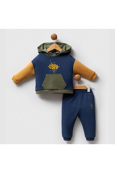 DIDuStore Uspa Baby Boy 2 Piece Set Hooded Sweatshirt and Tracksuit Bottom with Logo Detail