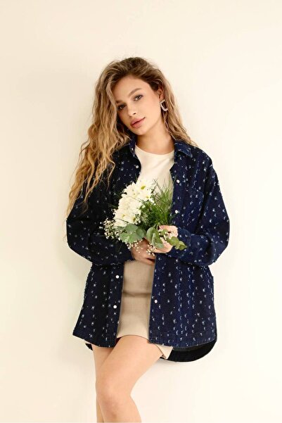 Suede Style 5563 - Elişi Süslemeli Rahat Şık Kadın Kot Ceket