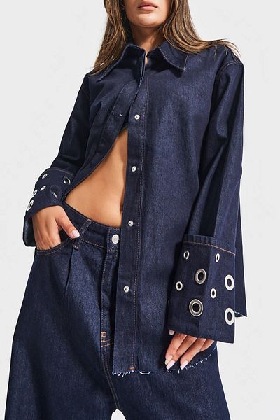 its basic Women's Indigo Color 7W5-50 Super Oversize 100% Cotton Bird's Eye Detailed Design Denim Shirt Jacket