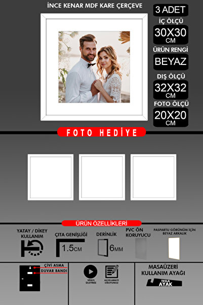 yhfoto 3 Adet 30x30 Çerçeve - İnce Çıtalı Çerçeve - Beyaz Çerçeve - Kare Çerç...