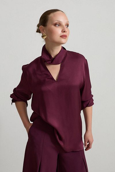 Setre Burgundy V-Neck and Neck Detailed Relaxed Cut Blouse