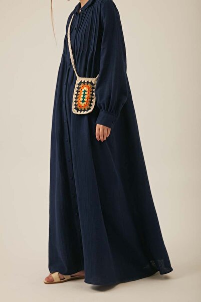 ZÜLAYS Bebe Yaka Nervürlü Müslin Elbise Lacivert